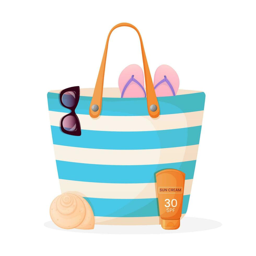 Summer beach bag with accessories. Summer vacation elements. vector