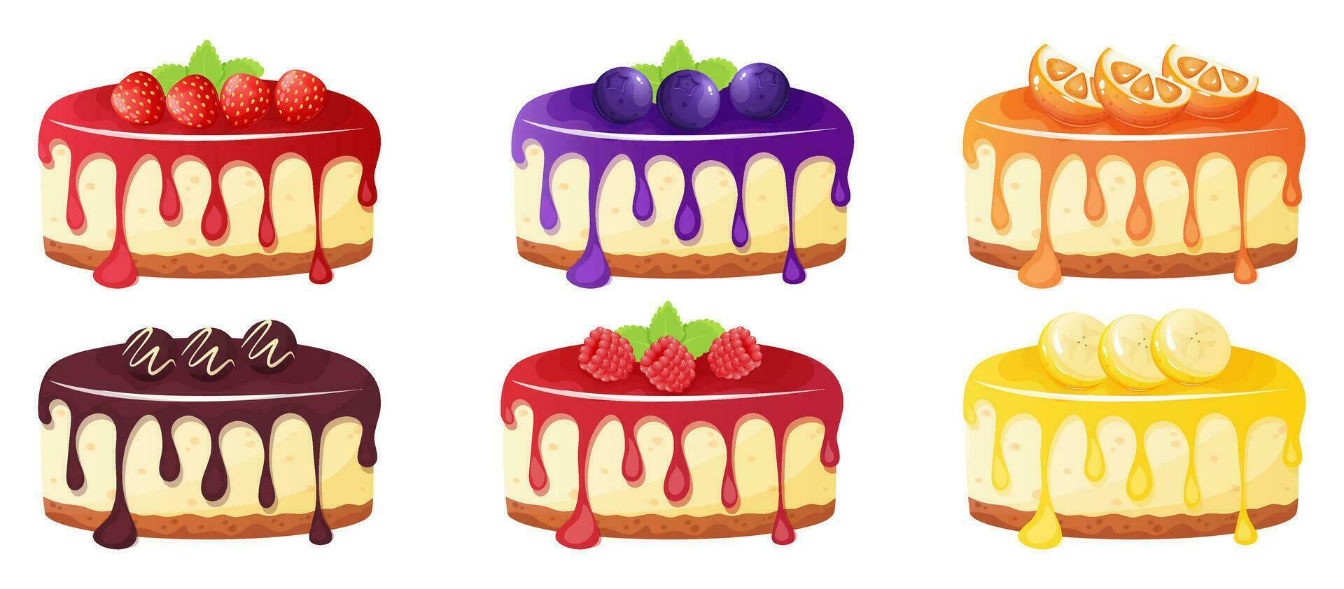 Different berries and fruits cheesecake set. vector