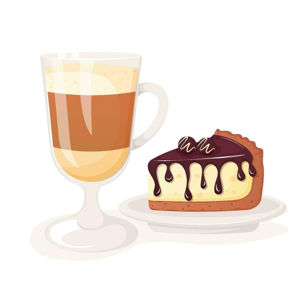 Coffee in a glass cup with piece of cheesecake. vector