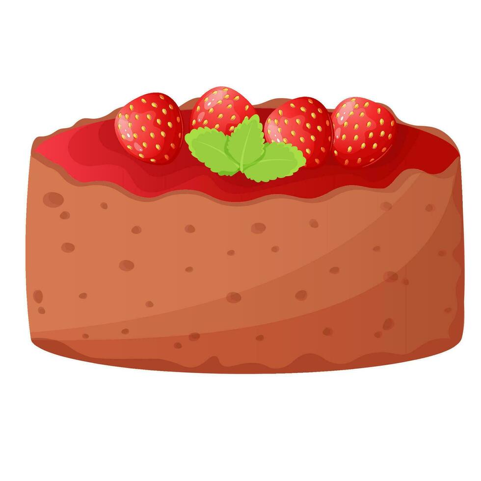 Whole cheesecake decorated with strawberry and mint, sweet pastries isolated on white background. vector