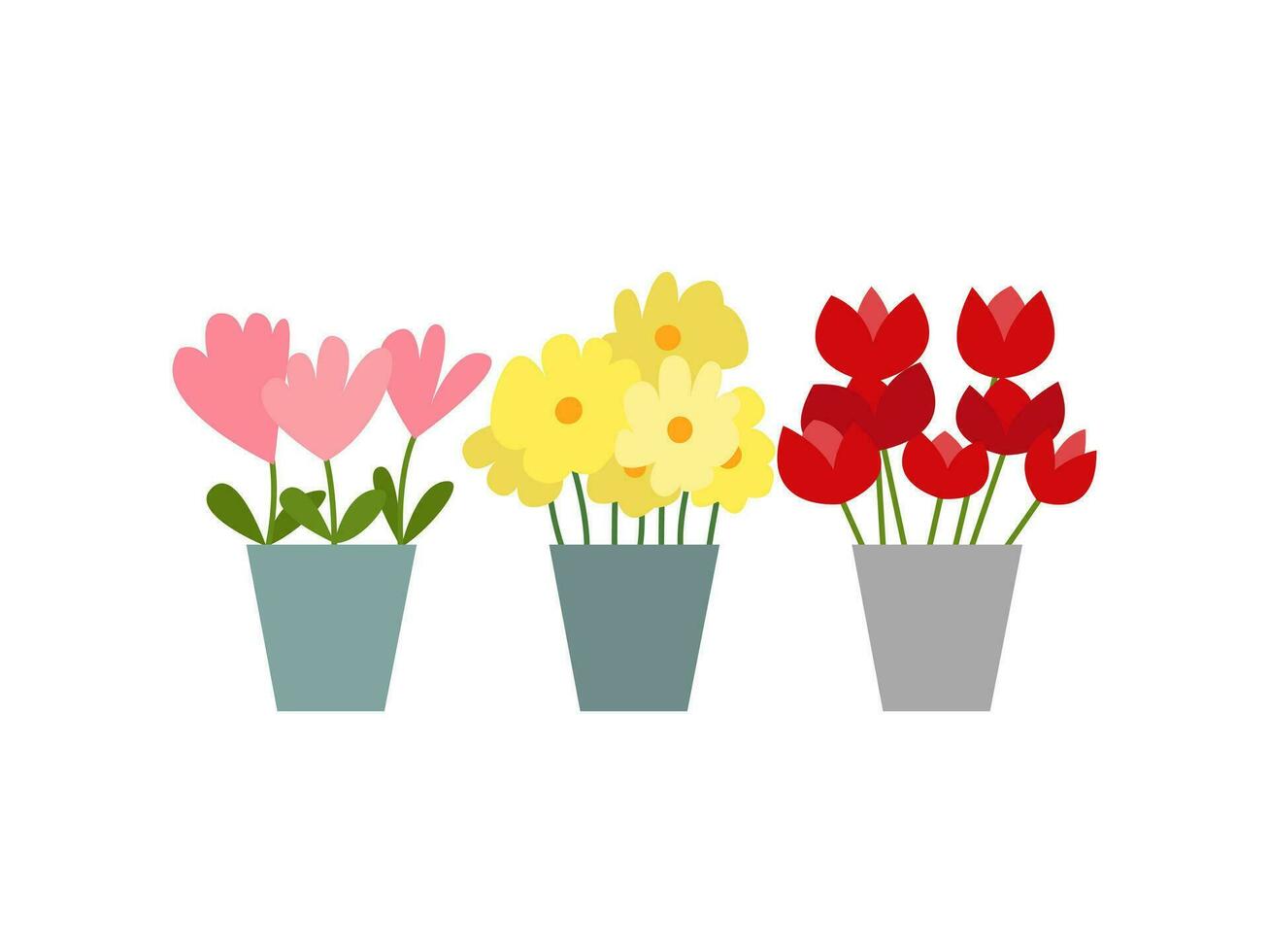 Vector flat flowers in pots set. Vector daffodils, tulips and roses flowers