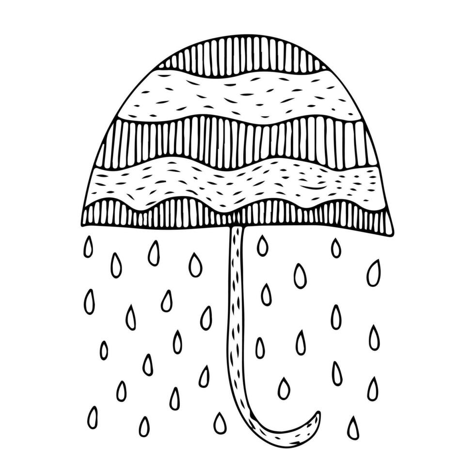 Vector doodle umbrella with rain illustration. Hand drawn weather concept umbrella under rain drops