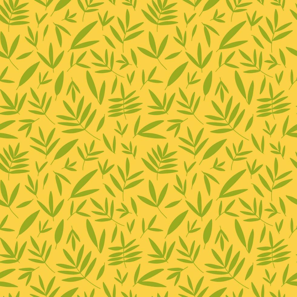 Vector leafy seamless pattern. Different leaves on yellow background