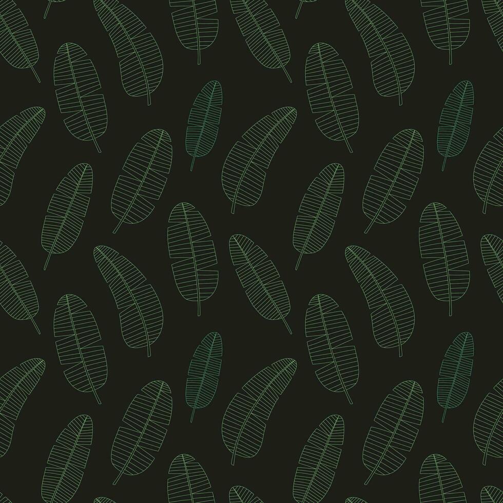 Vector banana leaves  pattern on black background. Hand drawn banana leaf seamless pattern