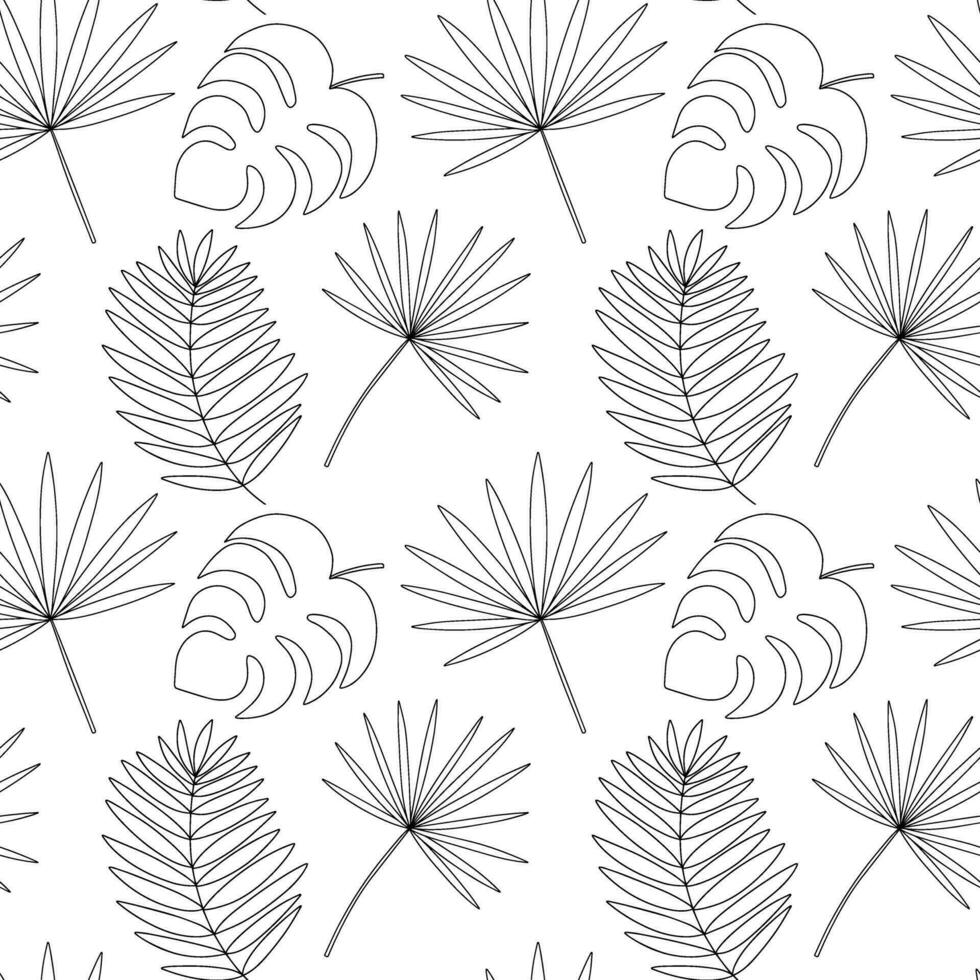 Tropical leaves vector seamless pattern. Hand drawn monstera leaf and chamaerops on white background