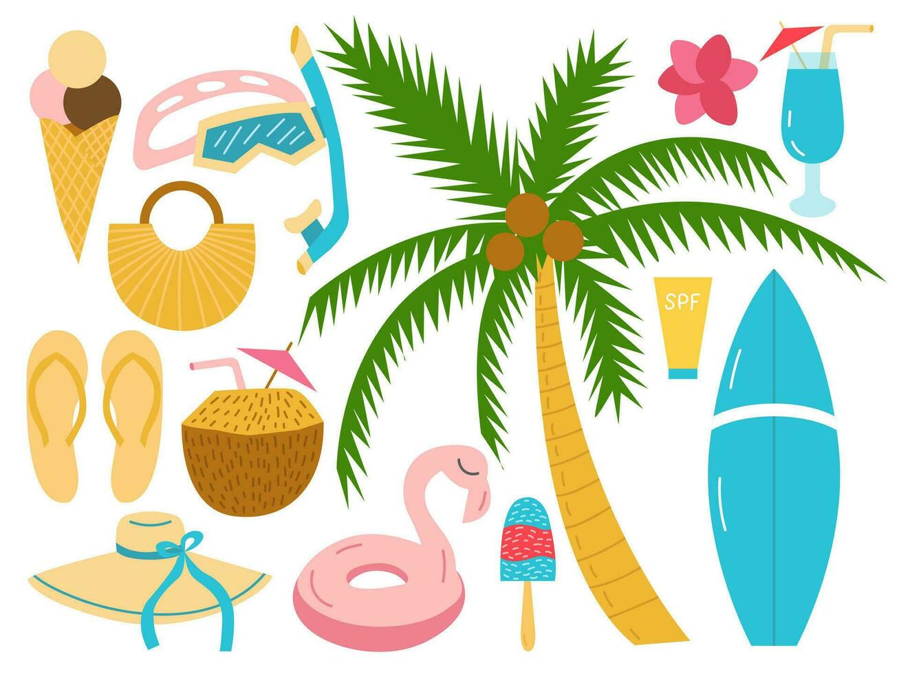 Summer beach vector stickers set. Beach palm, rubber ring, hat, bag, snorkeling glasses, surfboard. Vector flat style summer accessories set
