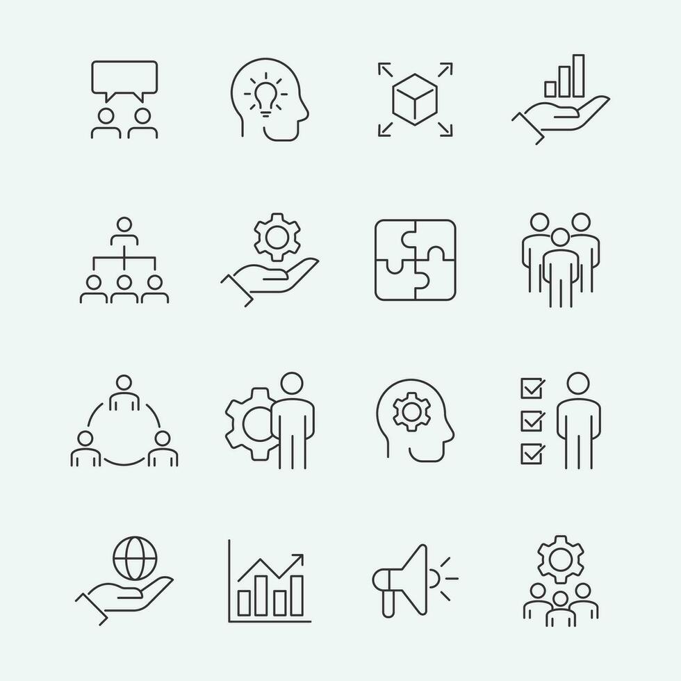 Vector set of linear icons related to business process, team work and human resource management.