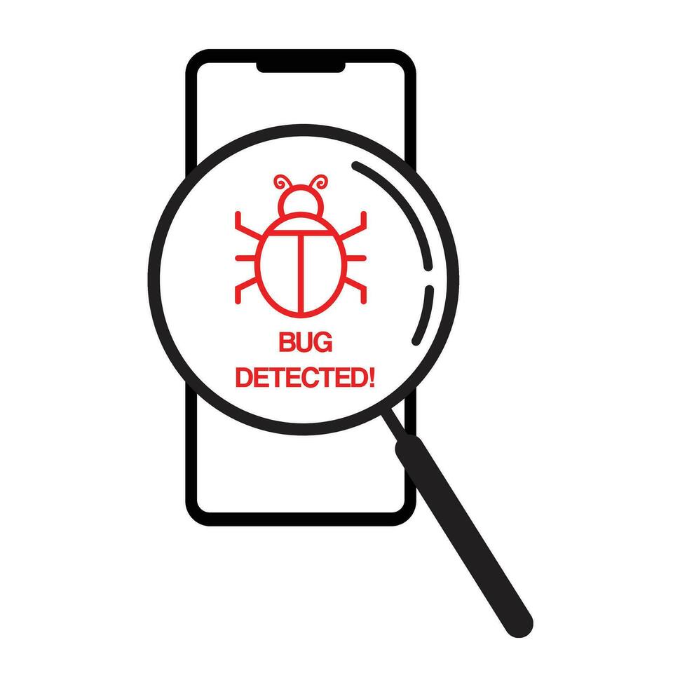 smartphone malware virus and bugs detected illustration with magnifier on smartphone screen vector