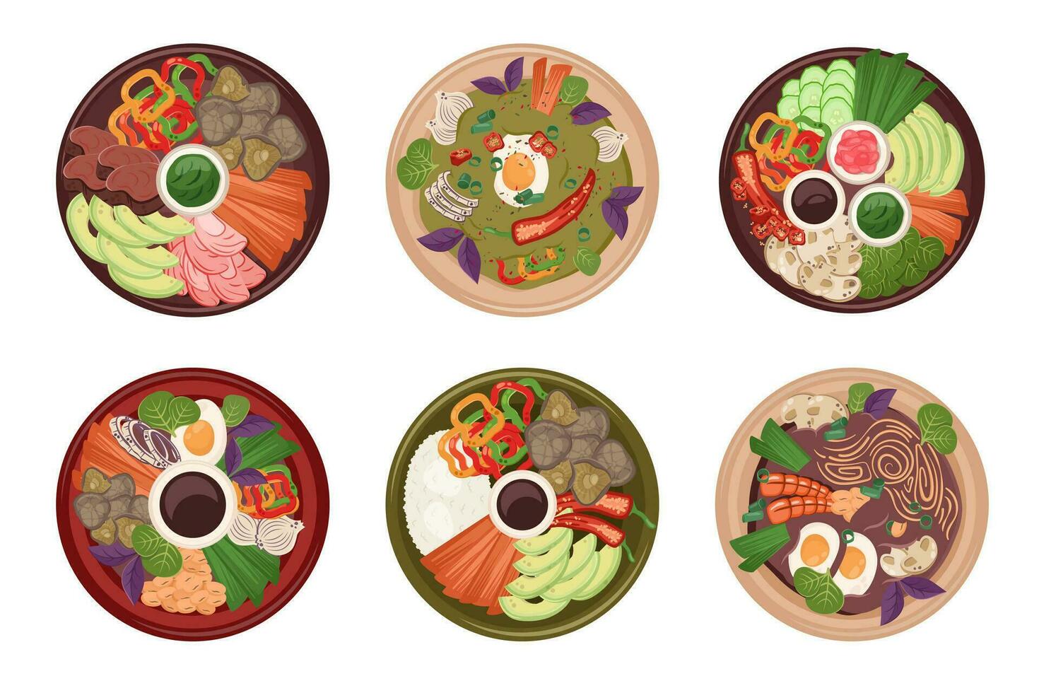 Set of Asian national dish top view. Japanese Food isolated. Chinese meal with meat, shiitake mushrooms, vegetables. Vector flat illustration for menu, delivery, bar, restaurant. Cooking concept