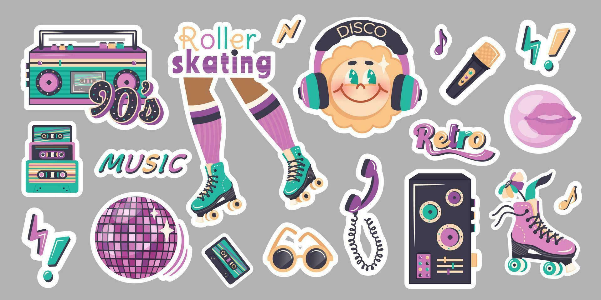 Set of trendy stickers in retro style of 90s, 80s, 70s. Hand drawn music label template, cartoon character sun, roller skating. Vector illustration for nostalgia party, advertising, poster