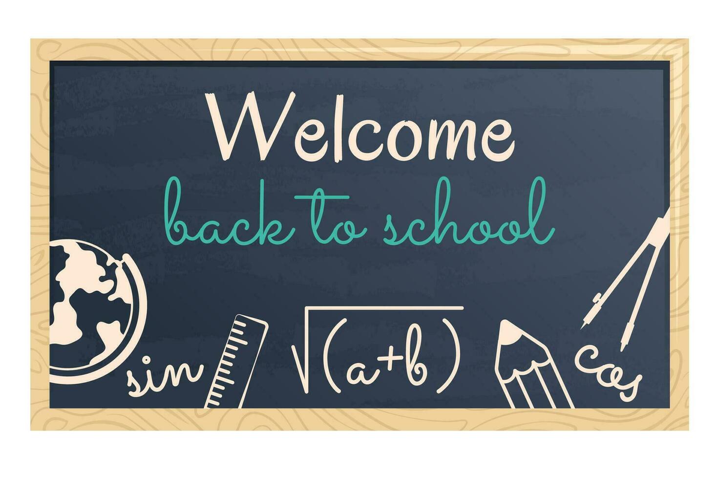 Back to school background with school supplies set. School banner. Books, textbooks, chalkboard, globe, pens, pencils, stationery. Education, knowledge, study concept. Vector cartoon illustration