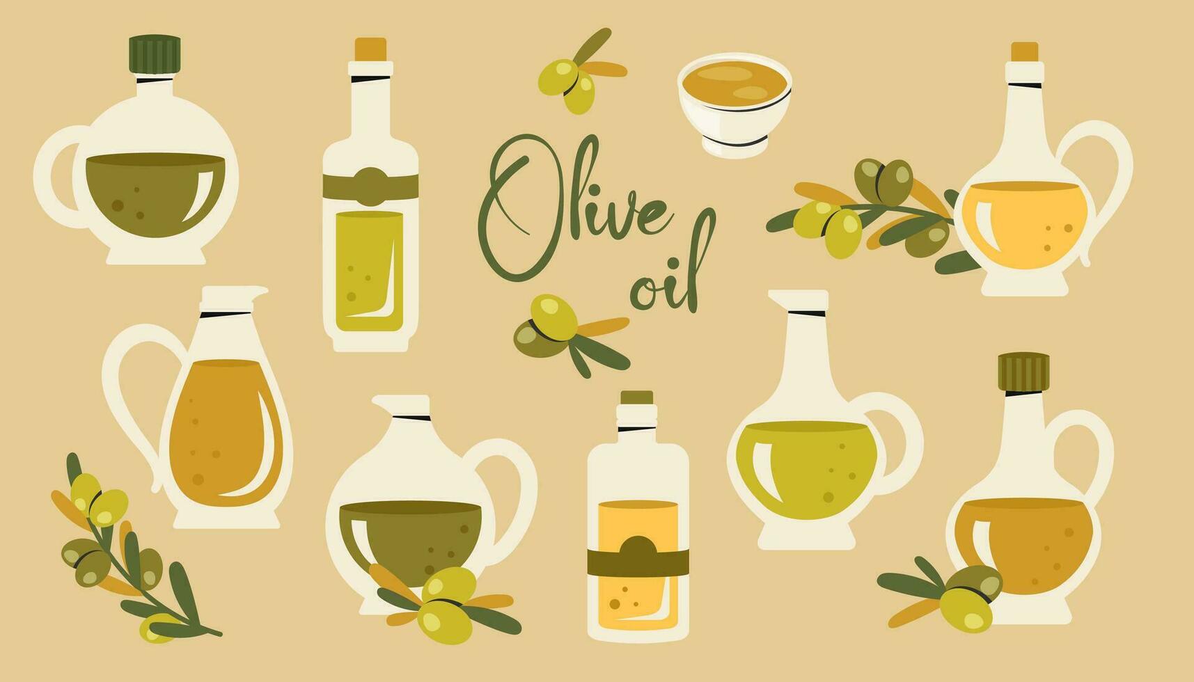 conjunto de vaso aceituna petróleo botellas aislado. jarras con Fresco Virgen aceite, rama de aceituna árboles, hojas. sano orgánico alimento, natural vitaminas batería de cocina, Cocinando concepto. vector plano ilustración