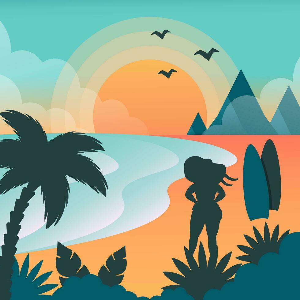 Summer beach background. Silhouette of beautiful woman. Tropical seascape with sand beach, girl, palm, leaves, ocean, seagulls, surfboard.  Vector cartoon illustration