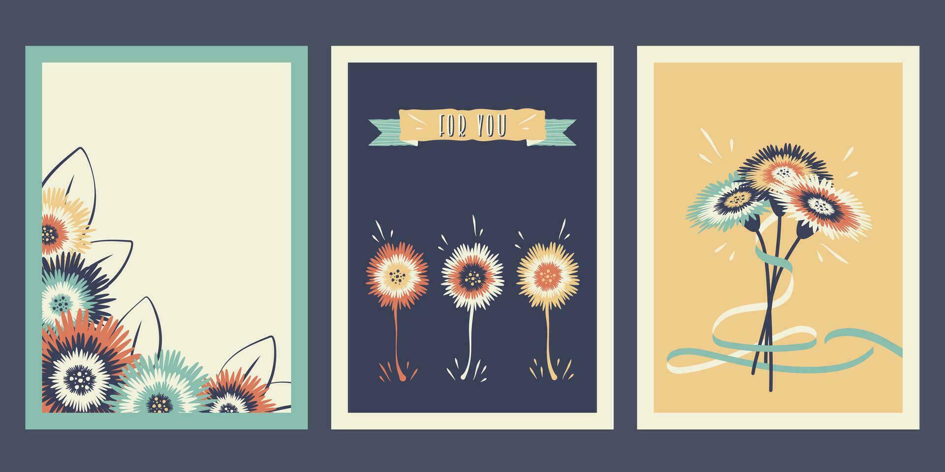 Set of floral greeting cards with copy space for text. Flower backgrounds with plants, wildflowers, leaf silhouettes. Vector illustration for banners, posters, greeting template, print