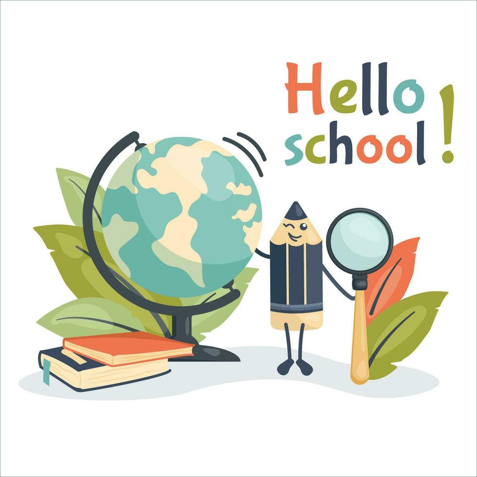 School banner. Cute  happy pencil with book, textbooks, magnifier, globe. Back to school background with handwritten calligraphy text. Education, knowledge, study concept. Vector cartoon illustration