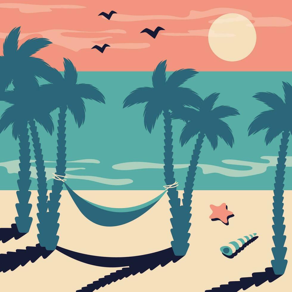 Summer beach vintage background. Beautiful seascape with silhouettes of tropical palm leaves, sunrise, hammock, starfish, seashells, ocean. Vector cartoon flat illustration
