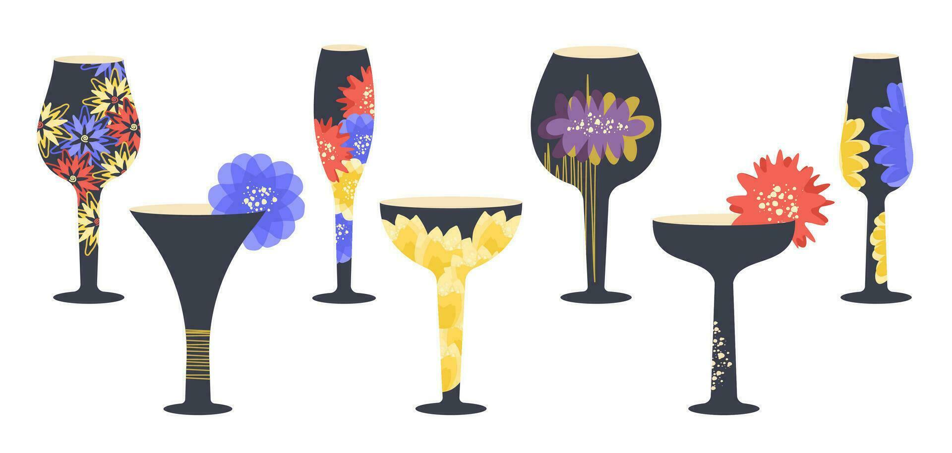 Set of modern creative glasses isolated. Wineglasses and cocktail glass with flower decor. taste of aromatic wine concept. Vector for label for wine, winery, bar, restaurant, wine house, logo