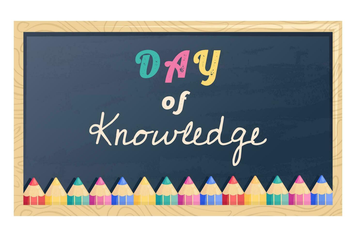 Chalkboard banner with  colorful text written with calligraphic font,  color pencils. Back to school background for 1st of September. Education, knowledge, study, concept. Vector cartoon illustration