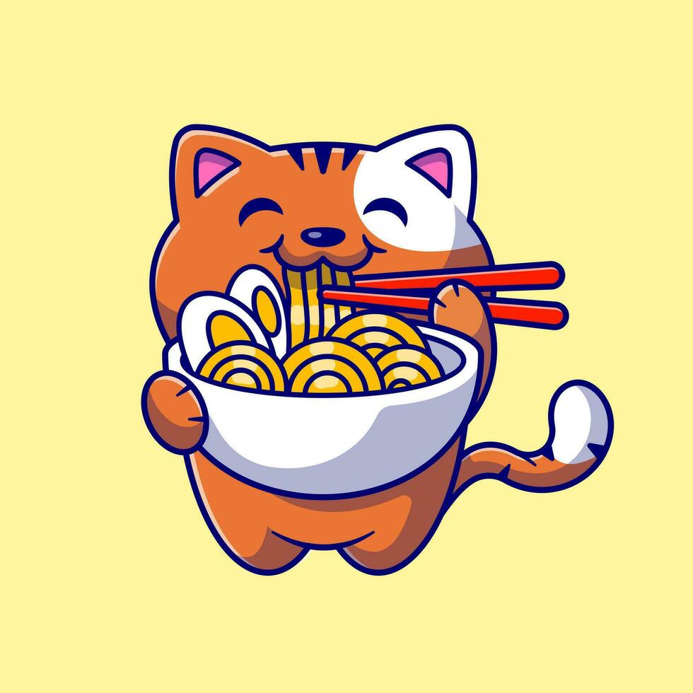 lindo gato comiendo fideos ramen con ilustración de icono de vector de dibujos animados de palillos. concepto de icono de comida animal vector premium aislado. estilo de dibujos animados plana