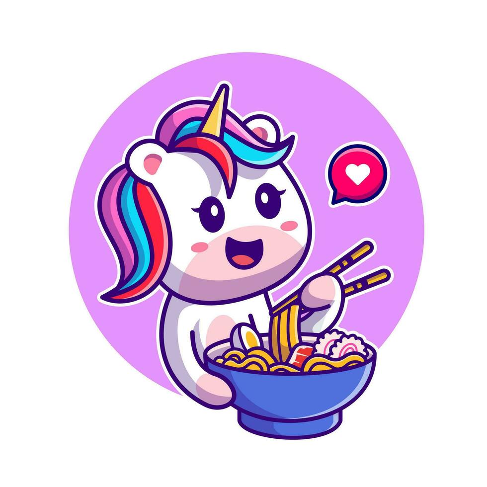 lindo unicornio comiendo fideos con ilustración de icono de vector de dibujos animados de palillos. concepto de icono de comida animal vector premium aislado. estilo de dibujos animados plana