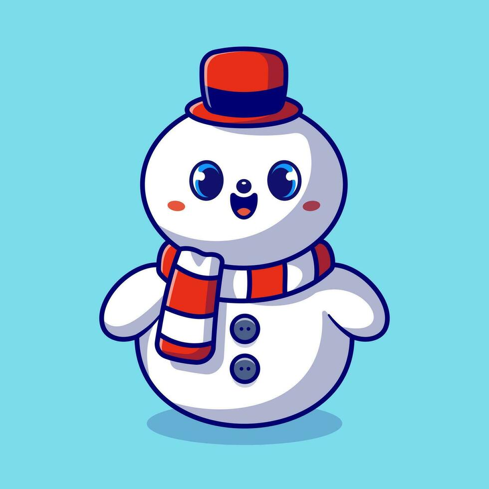 Cute Snowman Cartoon Vector Icon Illustration. Winter Holiday Icon Concept Isolated Premium Vector. Flat Cartoon Style