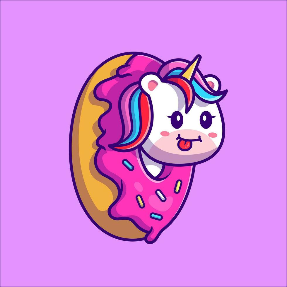 Ilustración de icono de vector de dibujos animados lindo unicornio donut. concepto de icono de comida animal vector premium aislado. estilo de dibujos animados plana