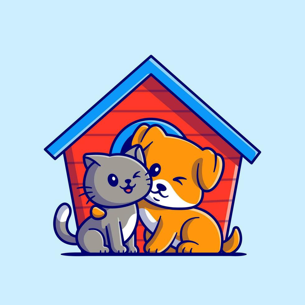 Cute Cat And Dog Cartoon Vector Icon Illustration. Animal Friend Icon Concept Isolated Premium Vector. Flat Cartoon Style