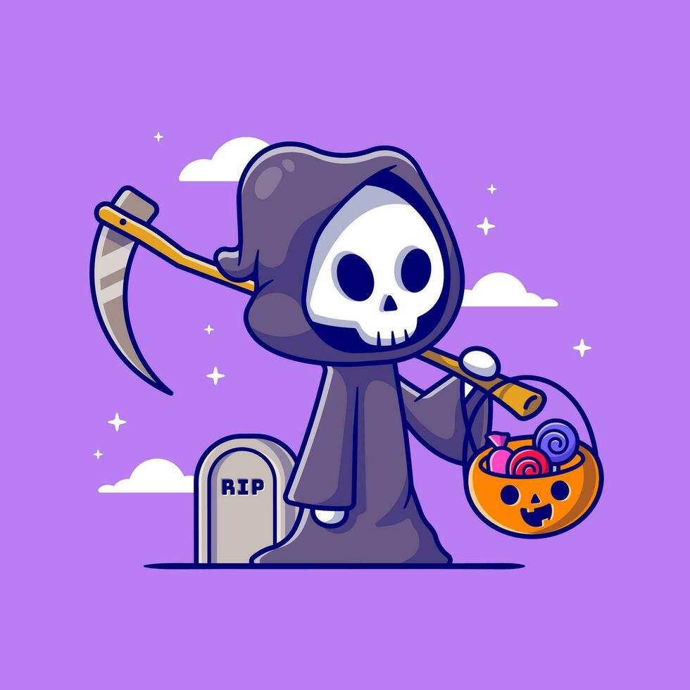 Cute Grim Reaper Holding Candy Basket Cartoon Vector Icon Illustration. People Holiday Icon Concept Isolated Premium Vector. Flat Cartoon Style