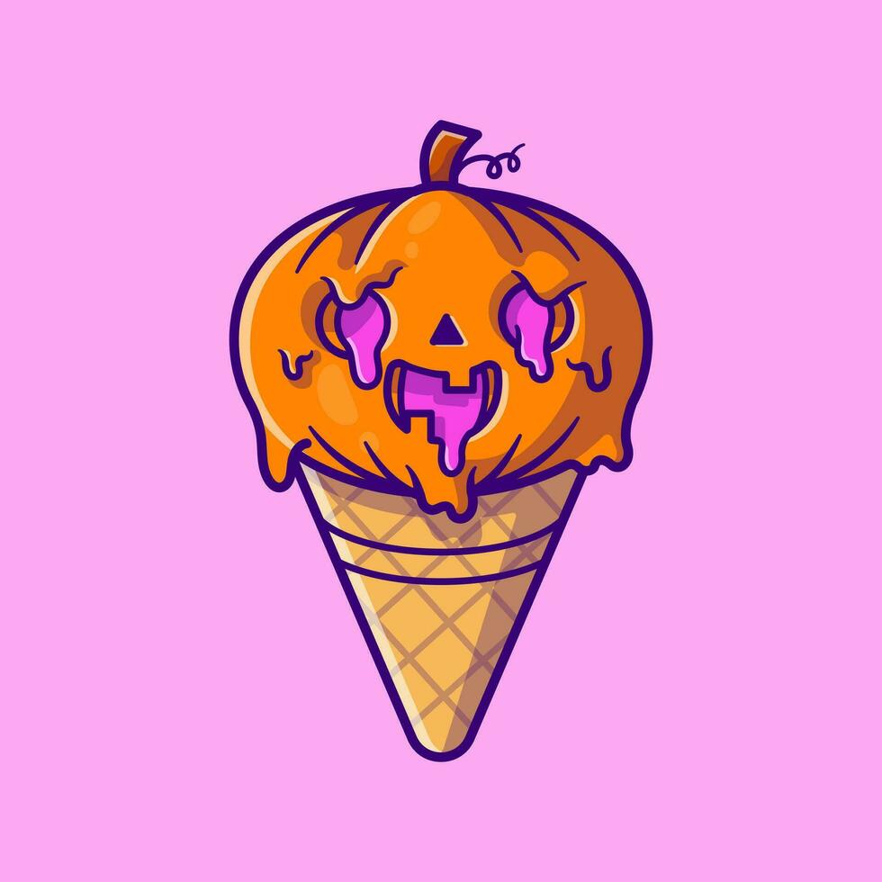 Ice Cream Pumpkin Halloween Cartoon Vector Icon Illustration. Food Holiday Icon Concept Isolated Premium Vector. Flat Cartoon Style