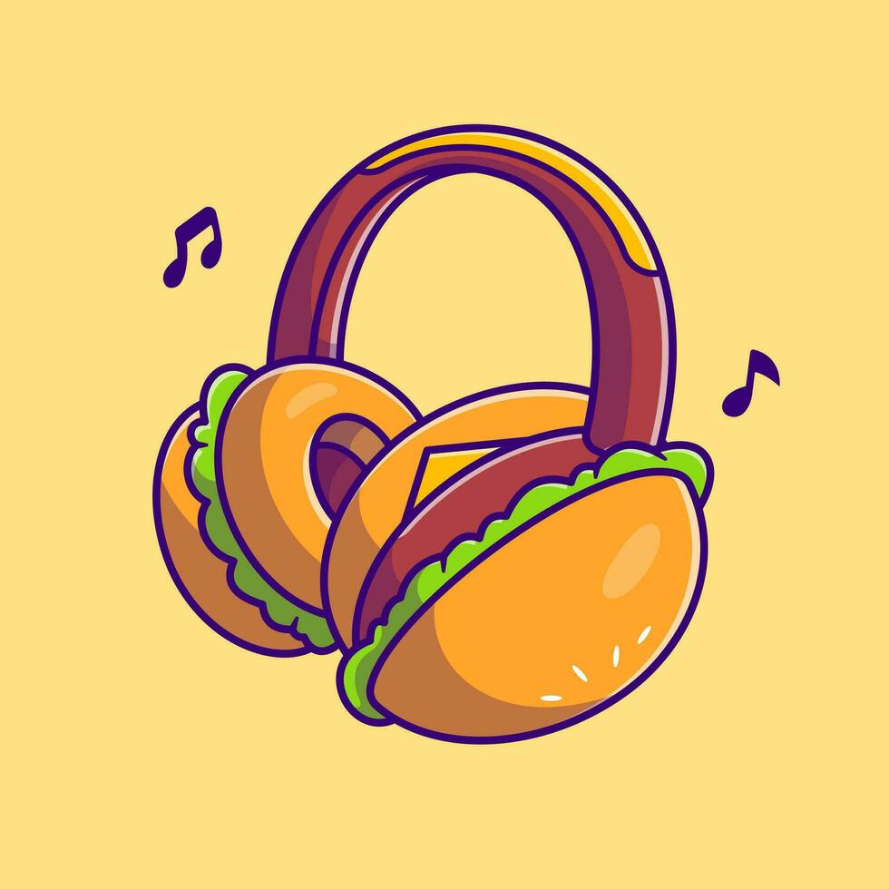 ilustración de icono de vector de dibujos animados de auriculares de hamburguesa. concepto de icono de música de comida vector premium aislado. estilo de dibujos animados plana