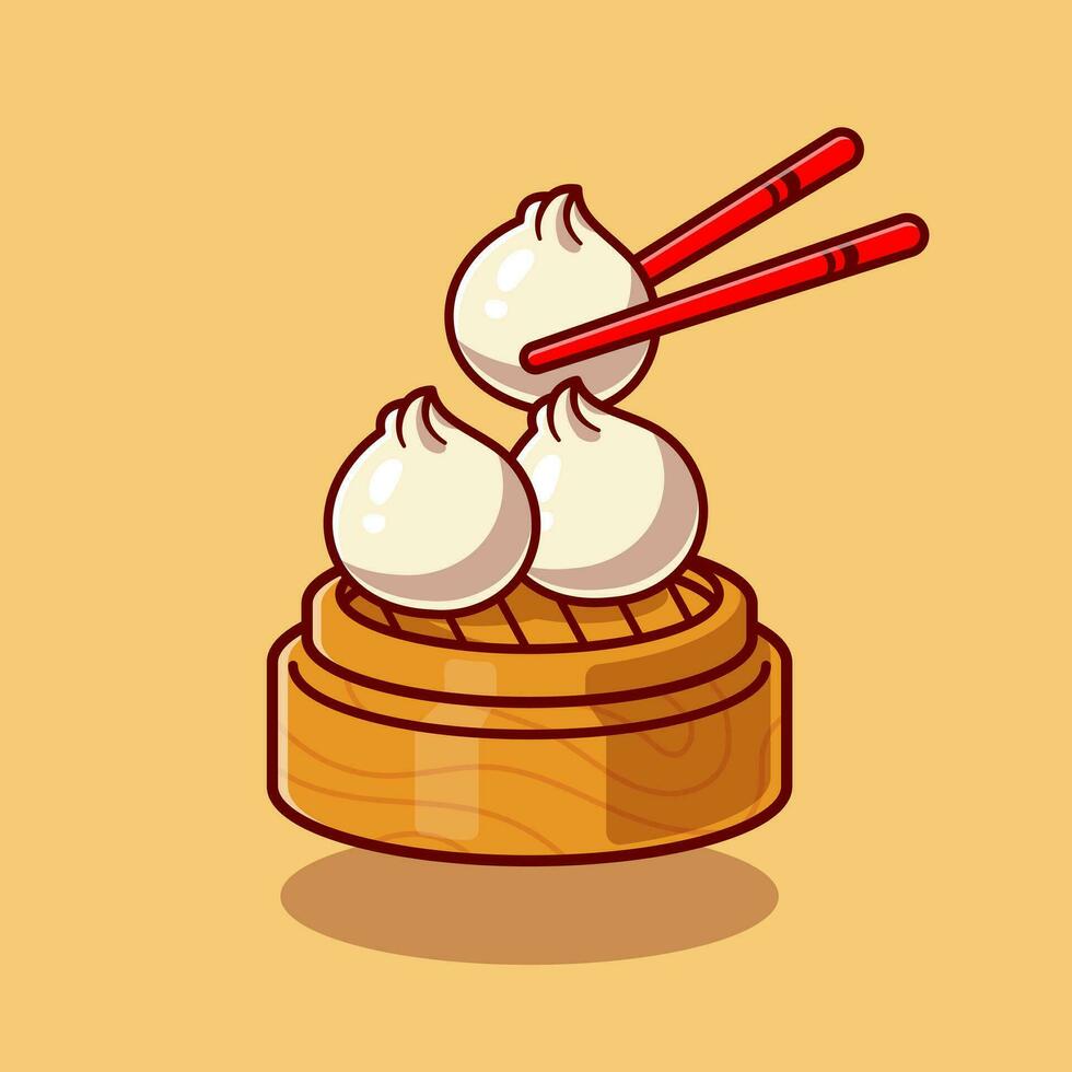 Dimsum With Chopstick Cartoon Vector Icon Illustration. Food Object Icon Concept Isolated Premium Vector. Flat Cartoon Style