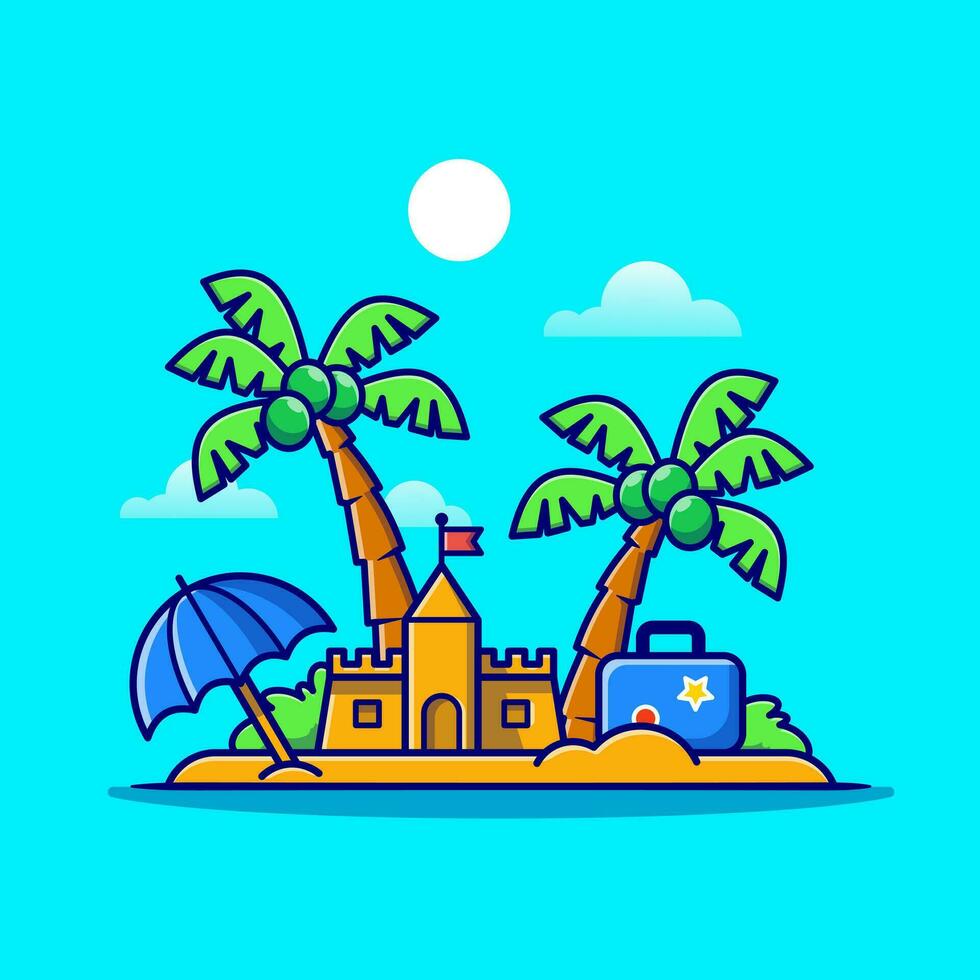 verano de playa, castillo de arena y cocoteros ilustración de icono de vector de dibujos animados. concepto de icono de naturaleza de verano vector premium aislado. estilo de dibujos animados plana