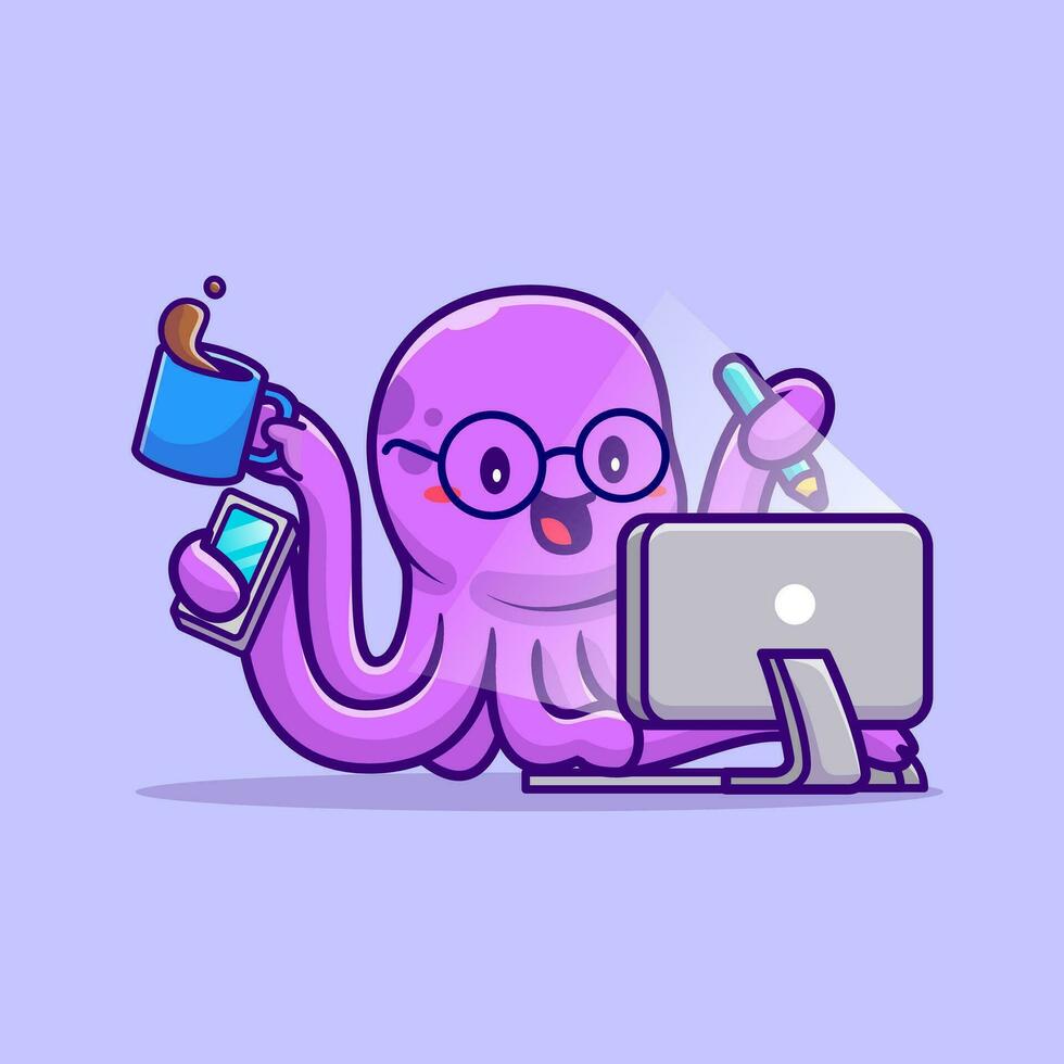 Cute Octopus Multitasking Cartoon Vector Icon Illustration.  Animal Technology Icon Concept Isolated Premium Vector.  Flat Cartoon Style