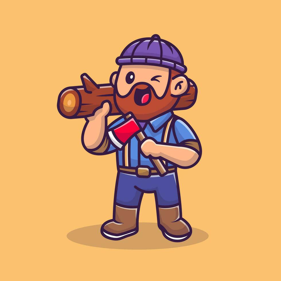 Carpenter Holding Ax And Wood Cartoon Vector Icon  Illustration. People Profession Icon Concept Isolated  Premium Vector. Flat Cartoon Style
