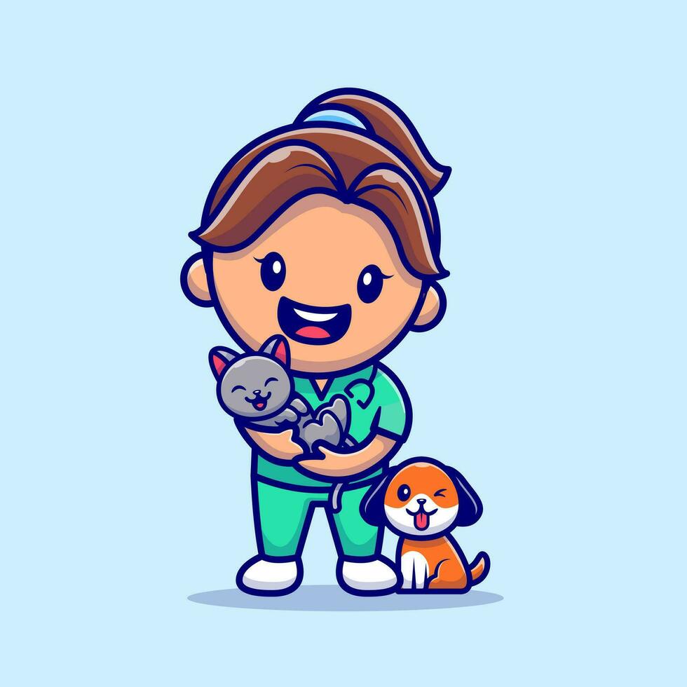 linda niña con gato y perro dibujos animados vector icono ilustración. personas animal icono concepto aislado prima vector. plano dibujos animados estilo