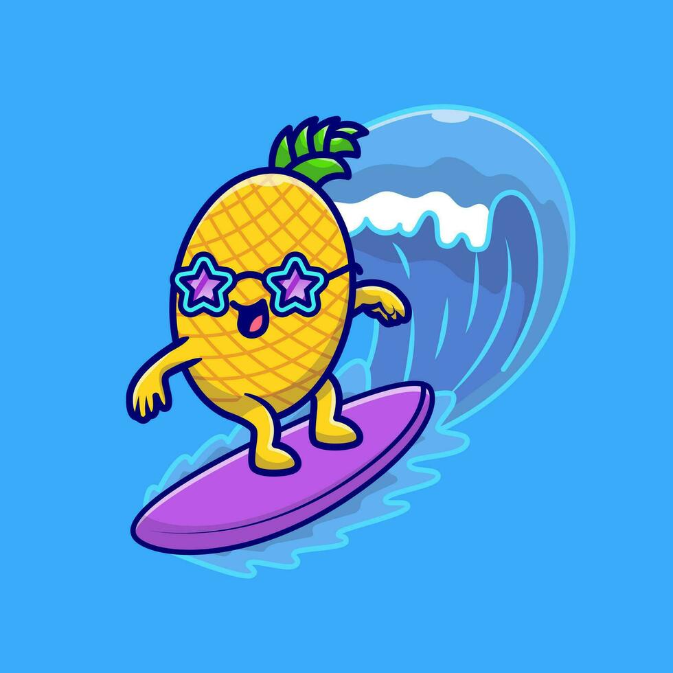 Cute Pineaple Surfing In The Sea Cartoon Vector Icon  Illustration. Food Holiday Icon Concept Isolated Premium  Vector. Flat Cartoon Style