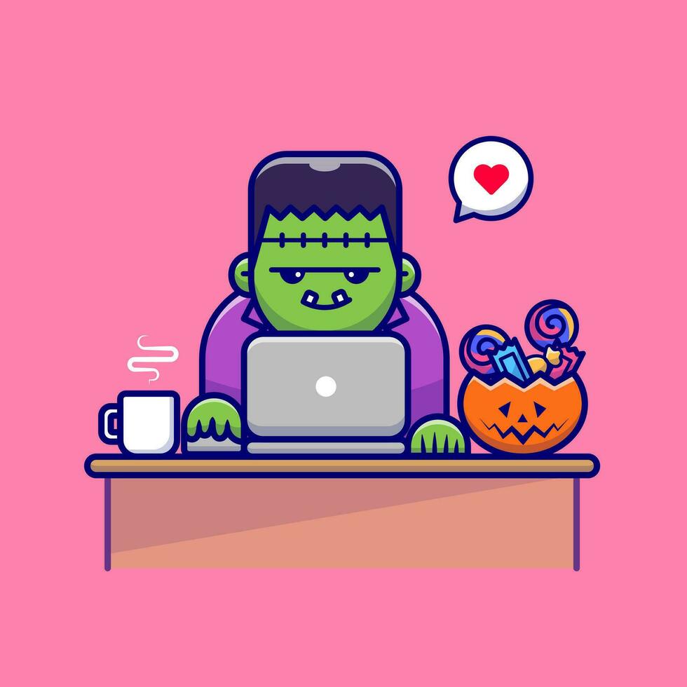 linda frankenstein trabajando en ordenador portátil con caramelo y café dibujos animados vector icono ilustración. personas fiesta icono concepto aislado prima vector. plano dibujos animados estilo