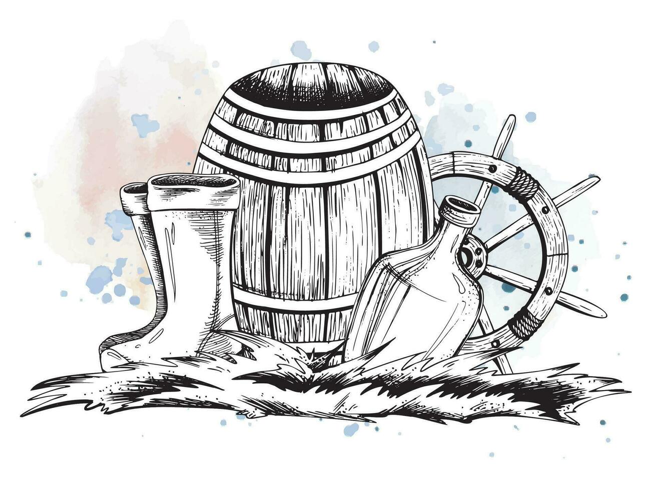 Wooden barrel with a ship's wheel, on the grass with a bottle of rum and rubber boots. EPS hand drawn black and white vector graphic illustration. Isolated composition