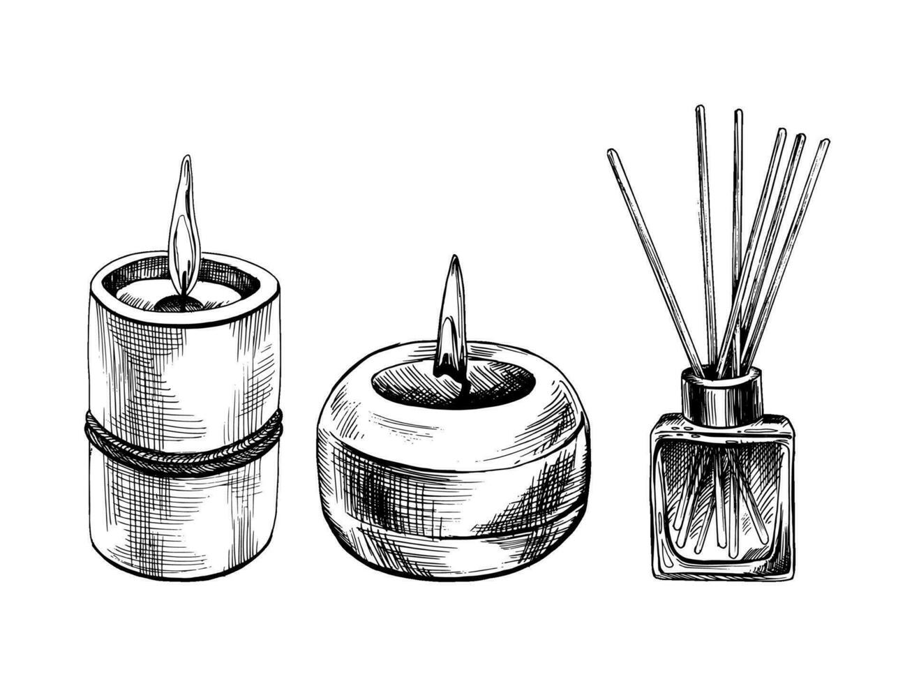 Candles with a flame tied with a rope and a glass square aroma diffuser with sticks. Hand-drawn graphic illustration. EPS vector. Set of isolated objects vector