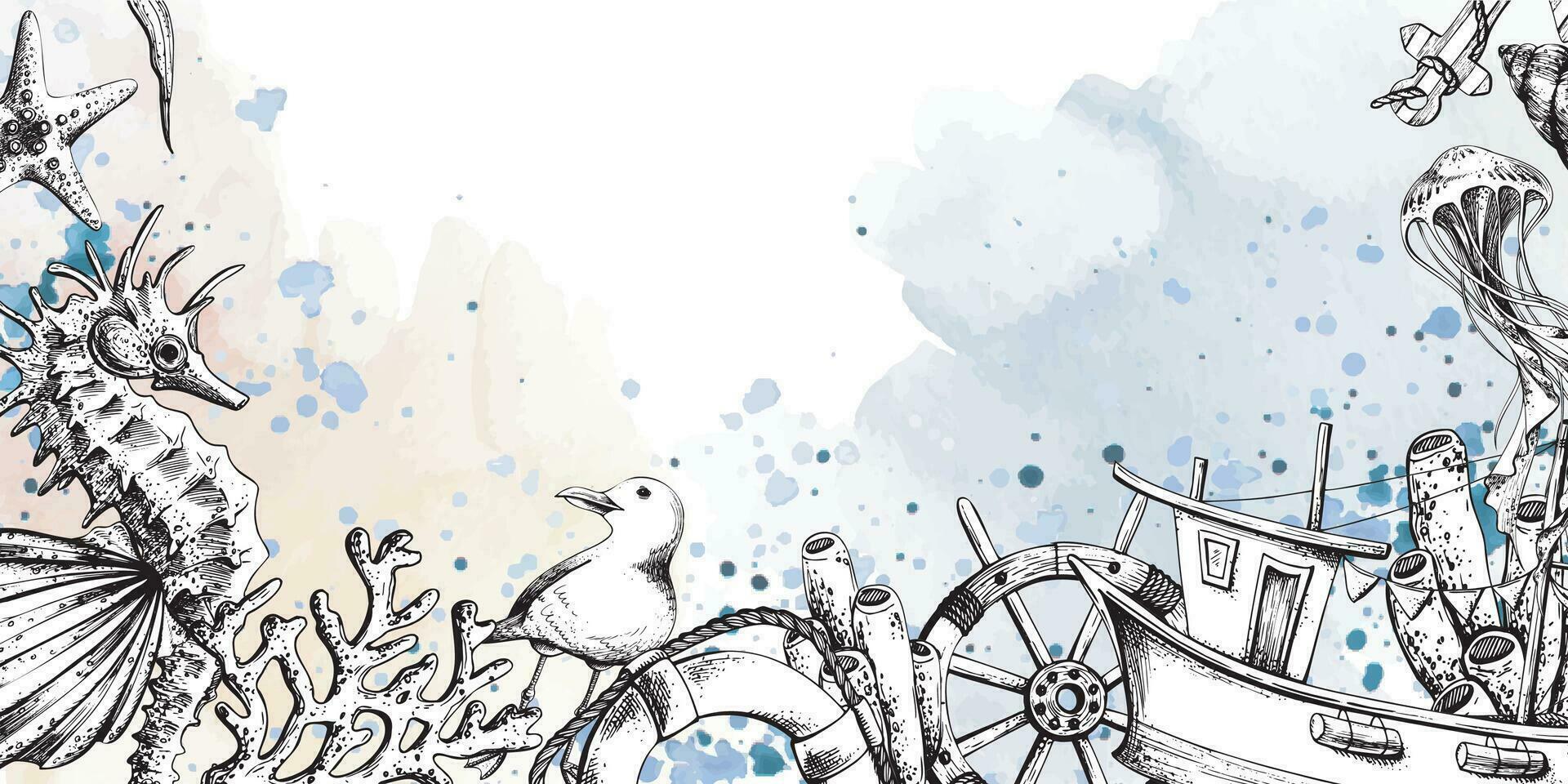 marina animales con un pescar bote, un direccion rueda y un vida boya. ilustración de mano dibujado gráficos, vector en eps formato. plantilla, marco
