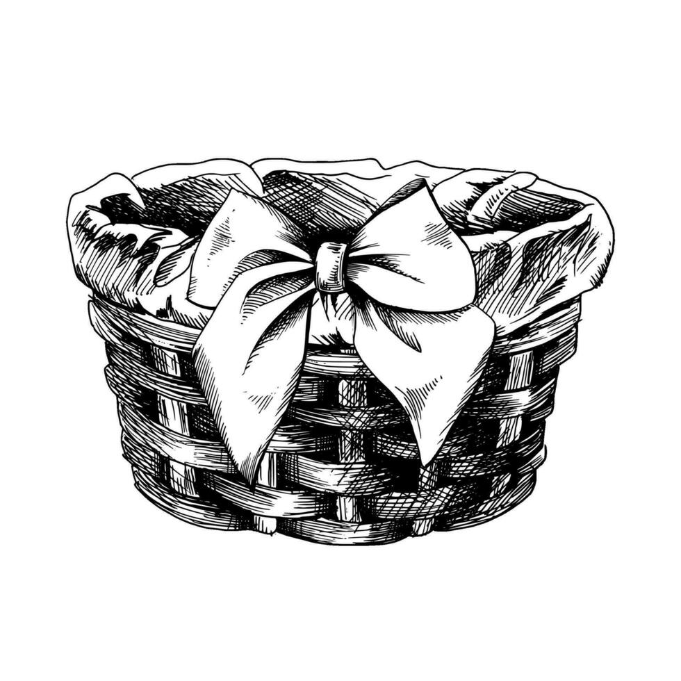 Wicker basket with bow and fabric inside, for home decor, cosmetics, flowers. EPS hand drawn black and white vector graphic illustration. Isolated object