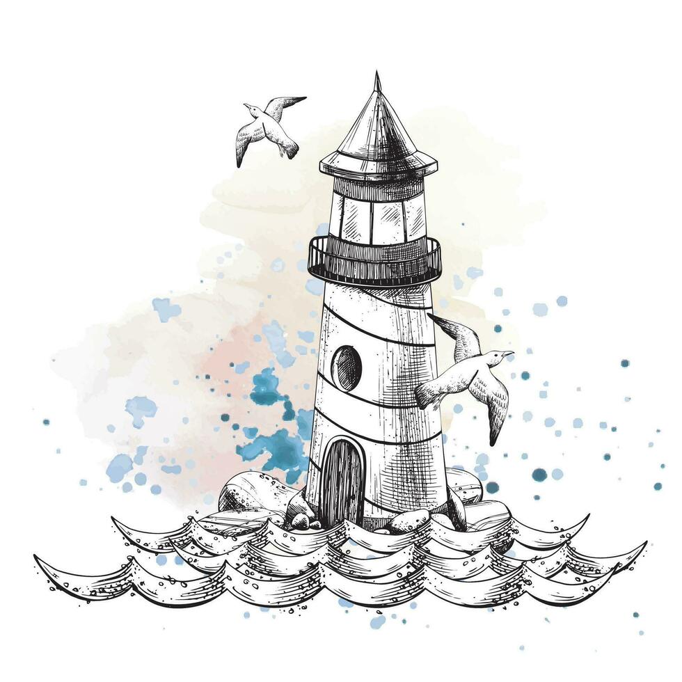 Sea lighthouse on stones with waves and flying seagulls. EPS hand drawn black and white vector graphic illustration. Isolated composition