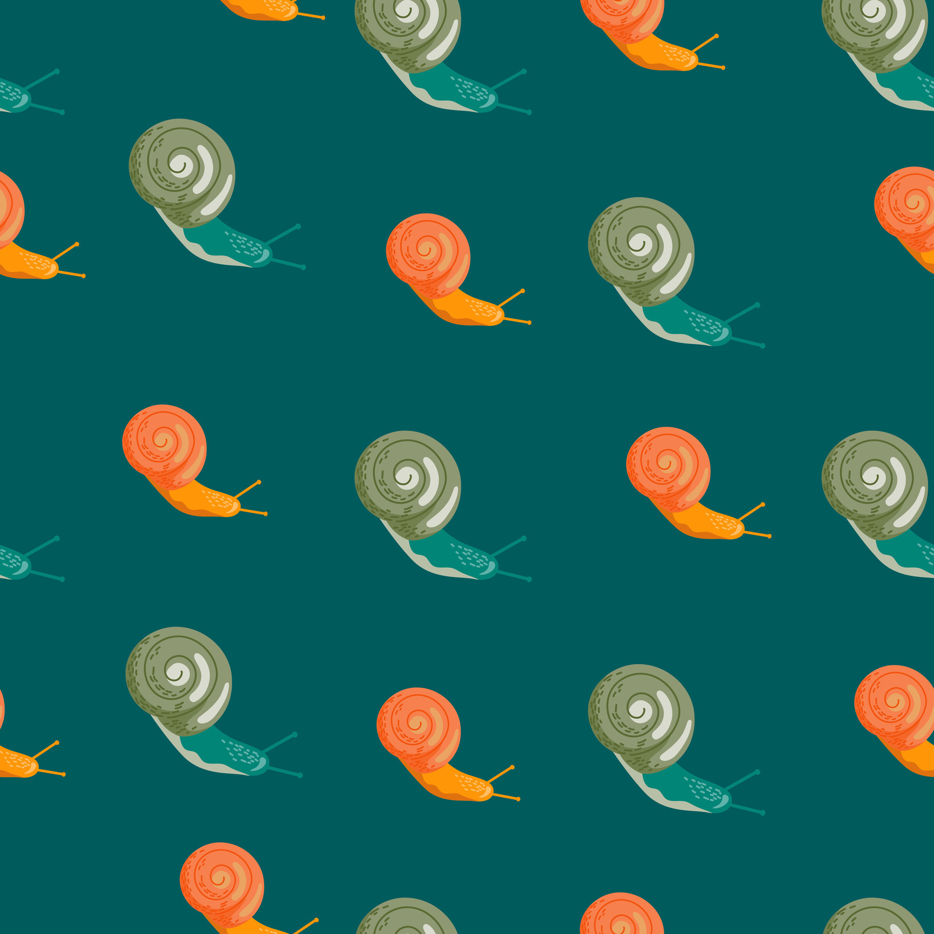 Cute snails seamless pattern. Funny cartoon character wallpaper in