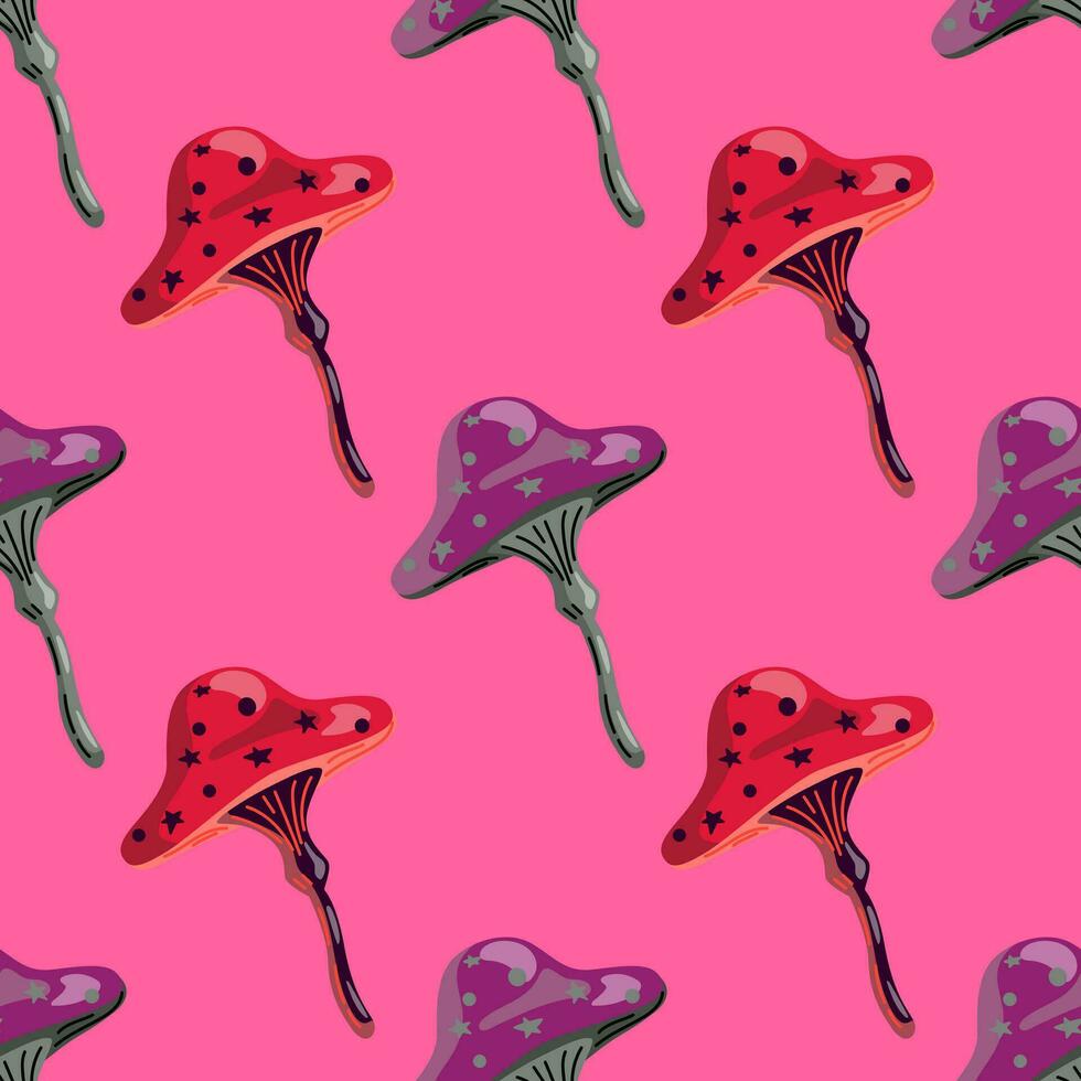 Seamless pattern with fairytail mushrooms. Magical fly agaric wallpaper. vector