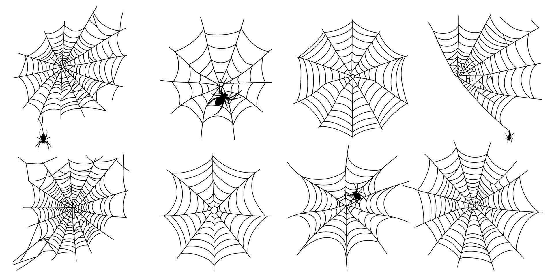 Set of scary black spider web isolated on white. Spooky halloween decoration. Outline cobweb. vector