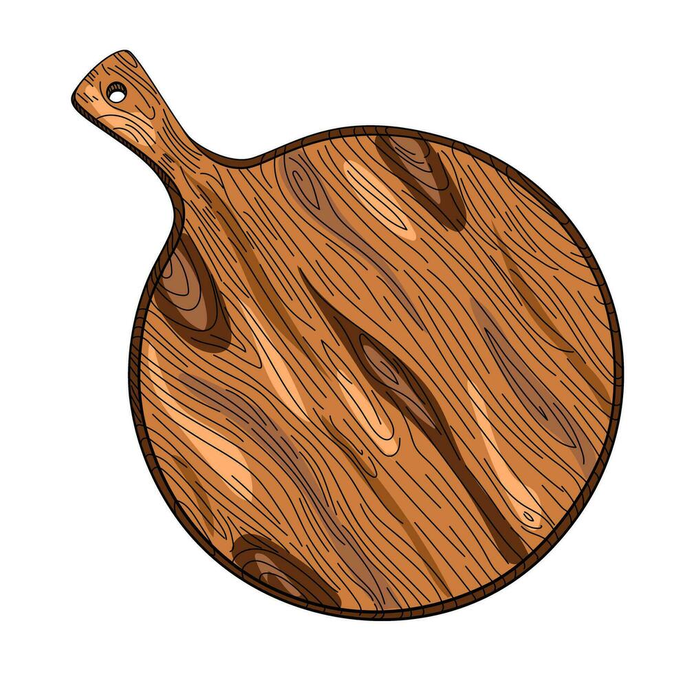 Hand drawn cutting wooden board with handle. Pizza serving board. Kitchen utensils sketch. Engraving style. vector