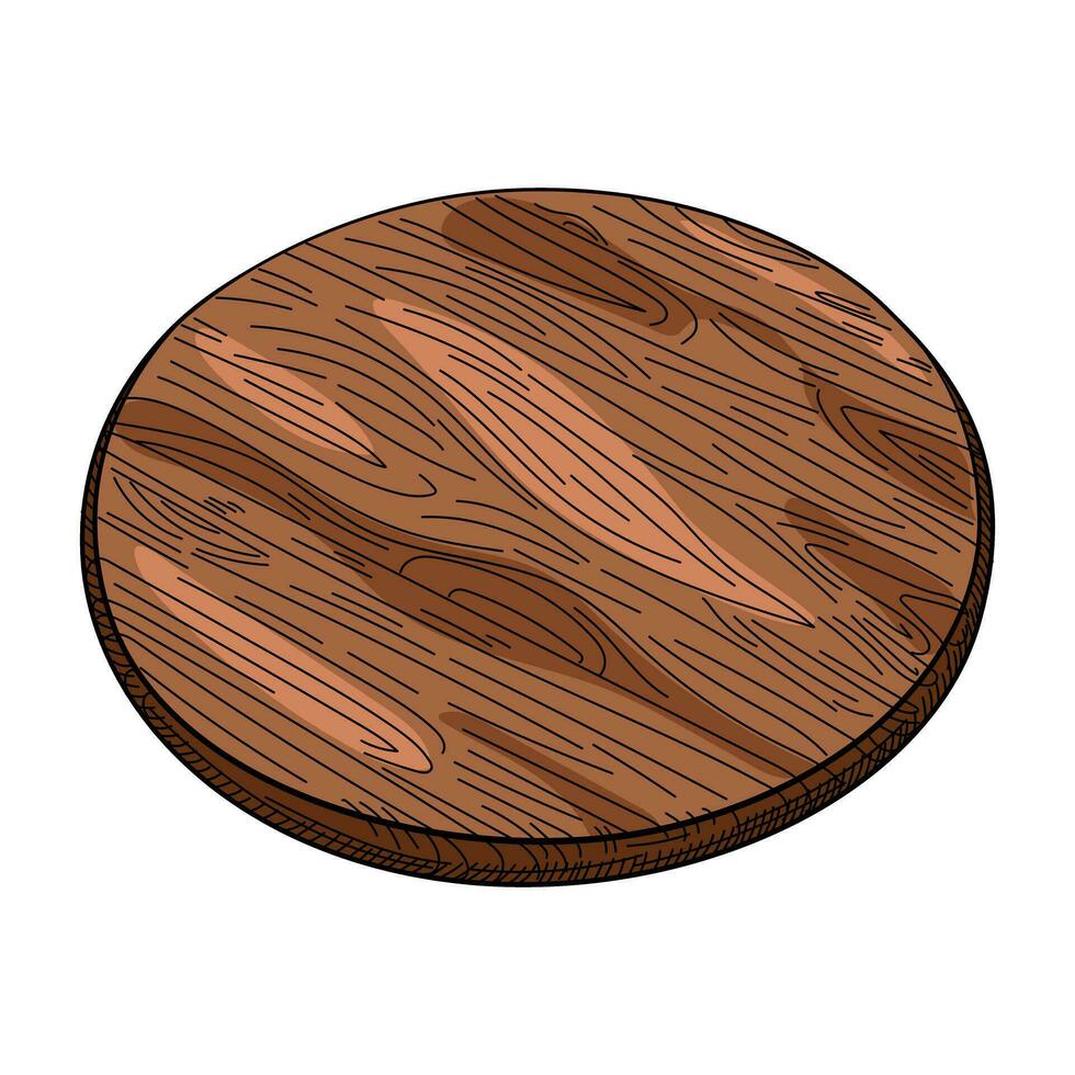 Hand drawn round cutting wooden board. Pizza serving board. Kitchen utensils sketch. Engraving style. vector