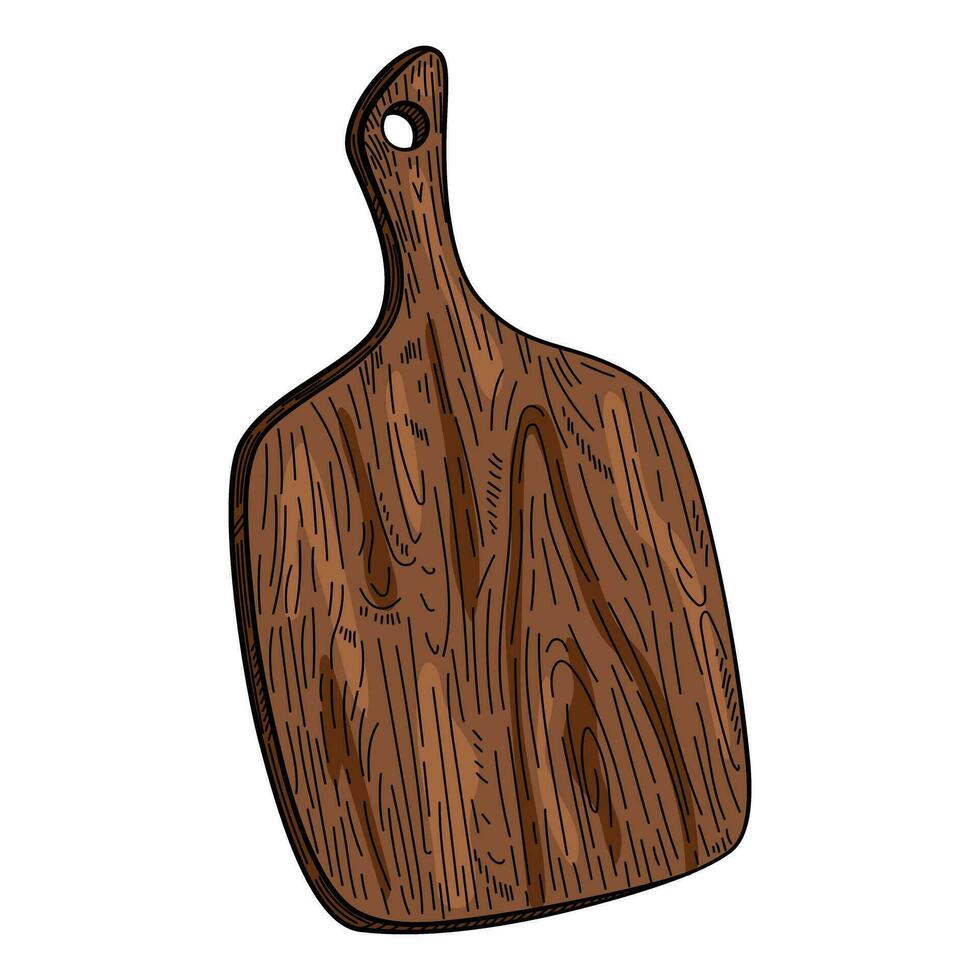 Hand drawn cutting wooden board. Kitchen utensils sketch. Engraving style vector