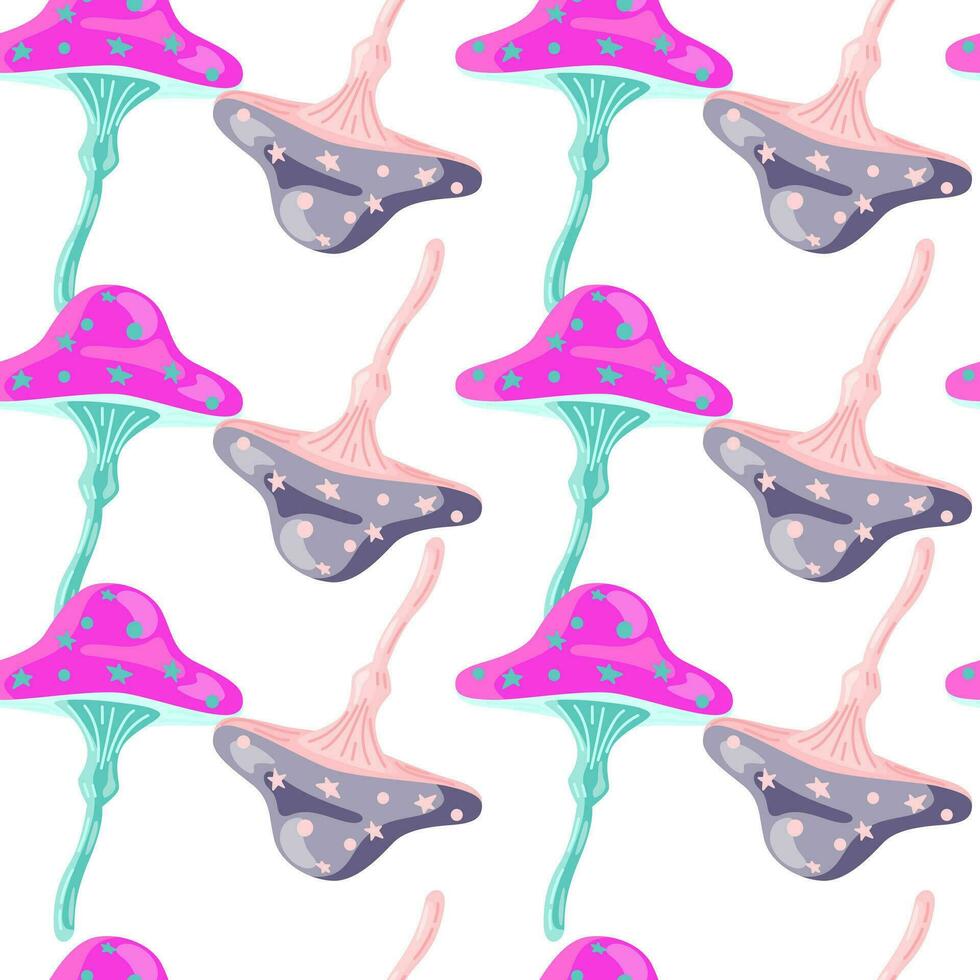 Seamless pattern with fairytail mushrooms. Magical fly agaric wallpaper. vector
