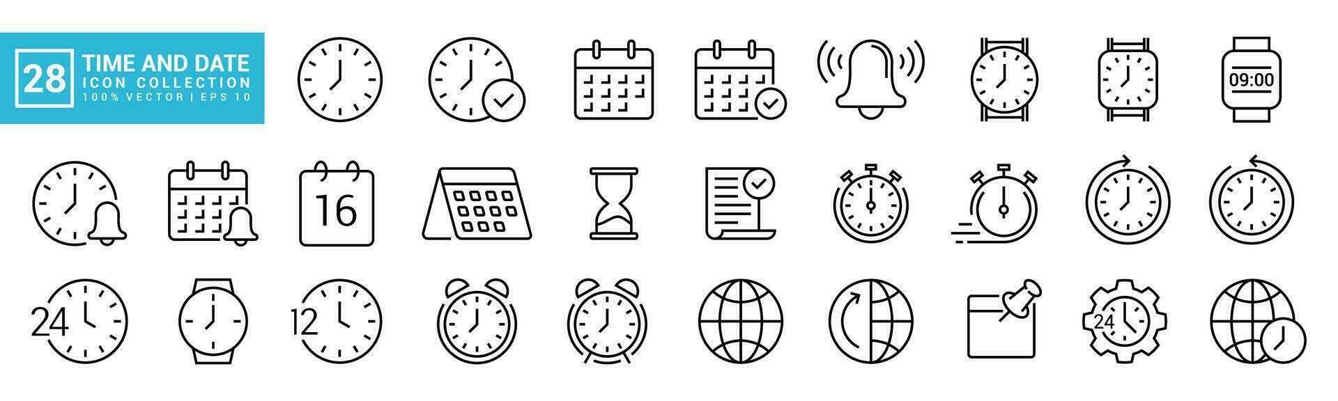 Collection of time and date icons, schedule, clock, calendar, editable and resizable EPS 10 vector